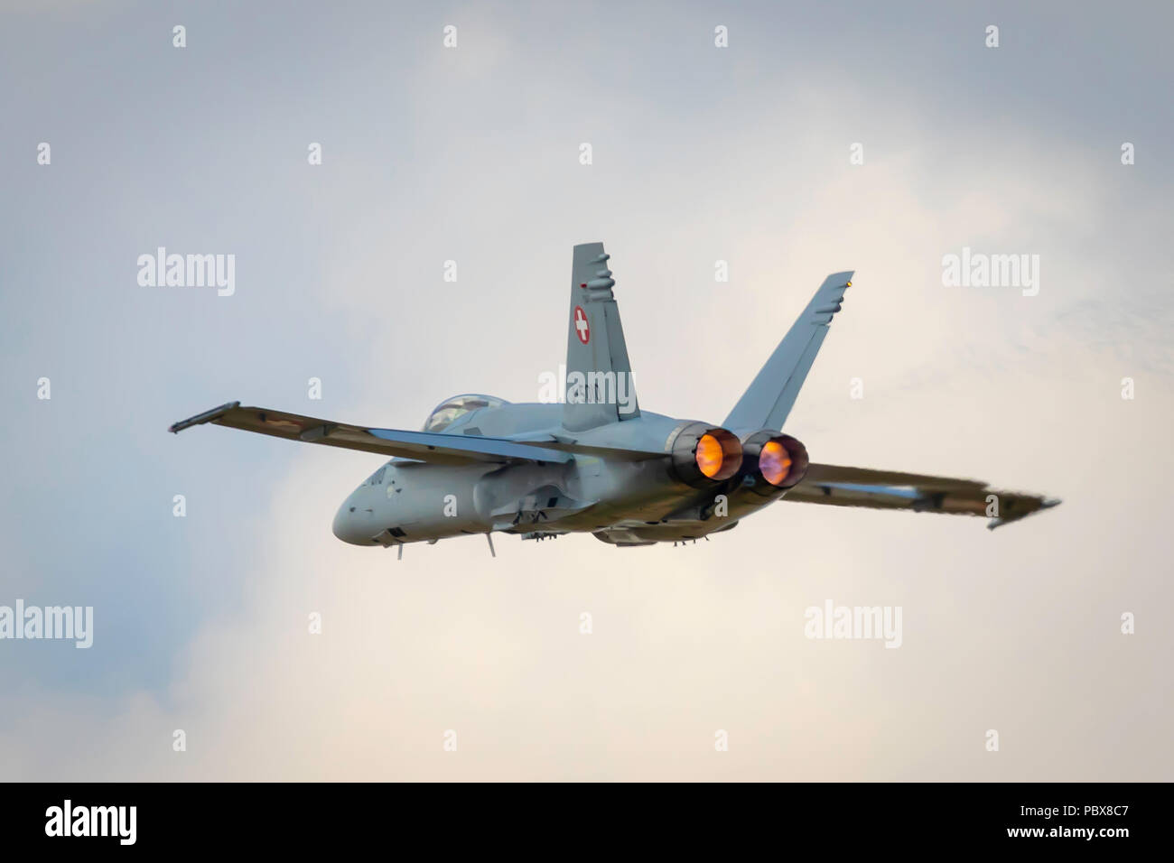 Fairford, Gloucestershire, UK - July 14th, 2018: Swiss Air Force Mcdonnell Douglas F/A-18 Hornet performing its Aerobatic Display at RIAT 2018 Stock Photo
