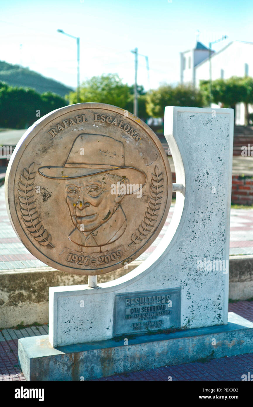 Monument to Rafael Escalona. Giant sculptures in the shape of coins, with the faces of iconic Vallenato singers from the area at the Parque de las Mon Stock Photo