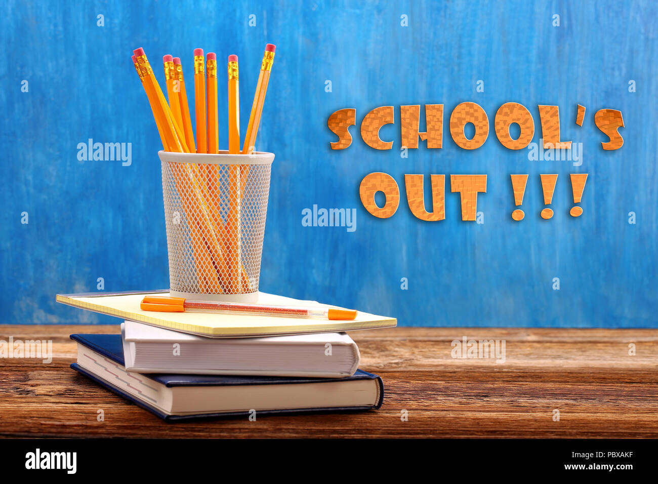 Schools End Inscription And Supplies On Blackboard Background Stock