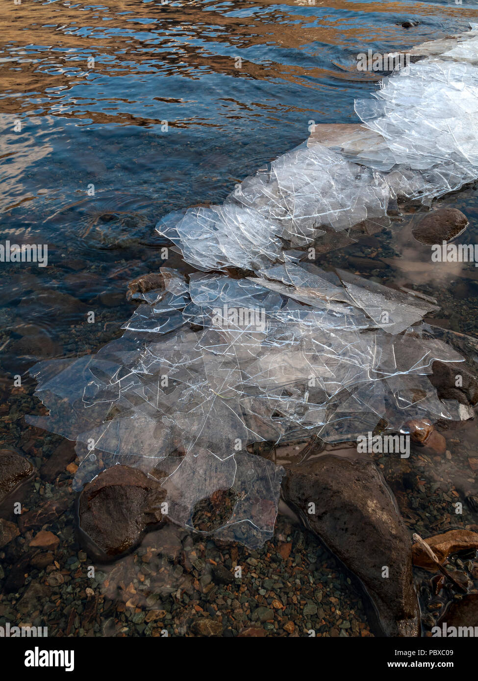 Broken drift ice sheet fragments on lake shore of Buttermere in Winter, English Lake District, Cumbria, UK Stock Photo