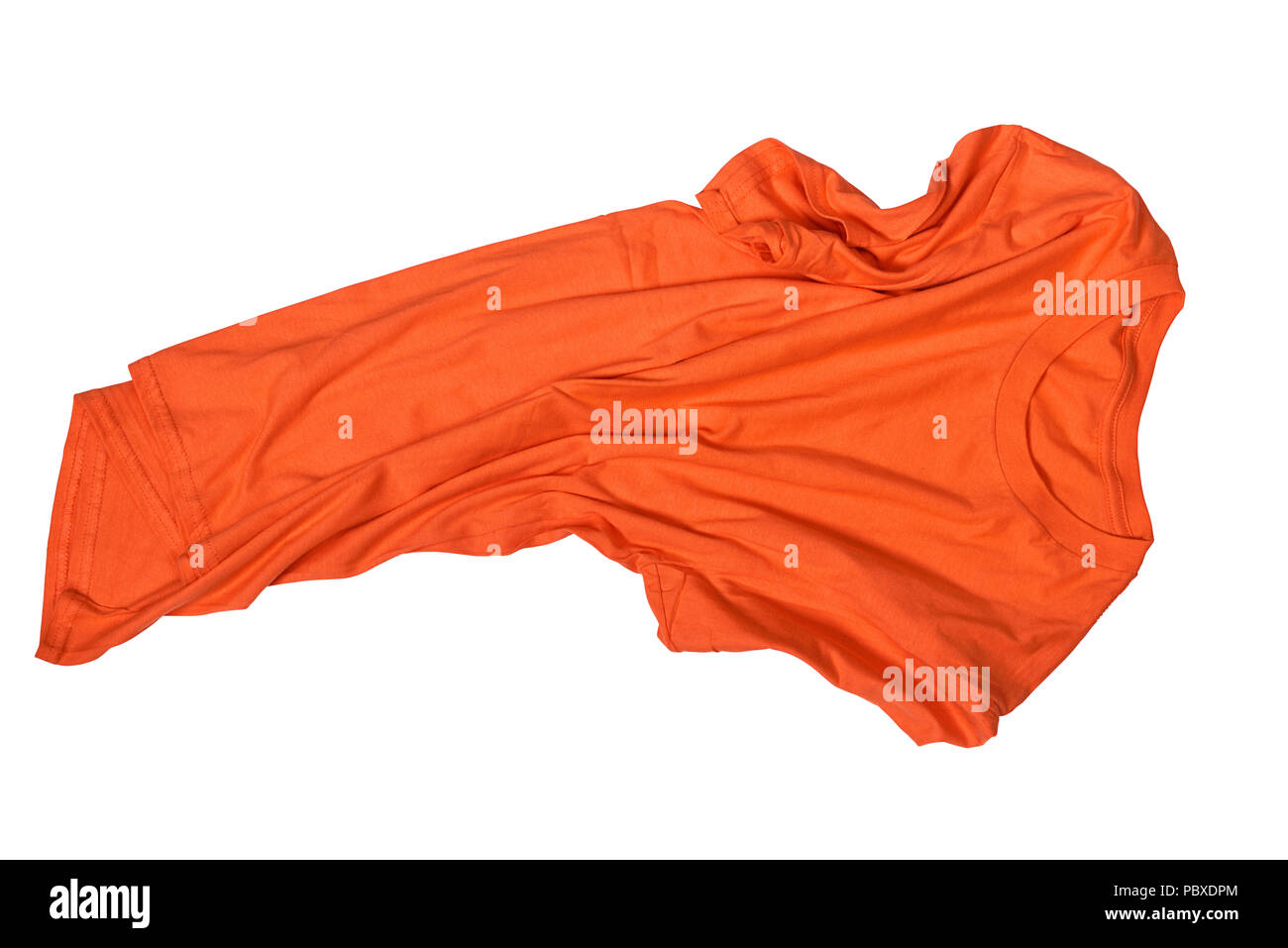 Wrinkles on untidy orange shirt isolated over white background Stock Photo