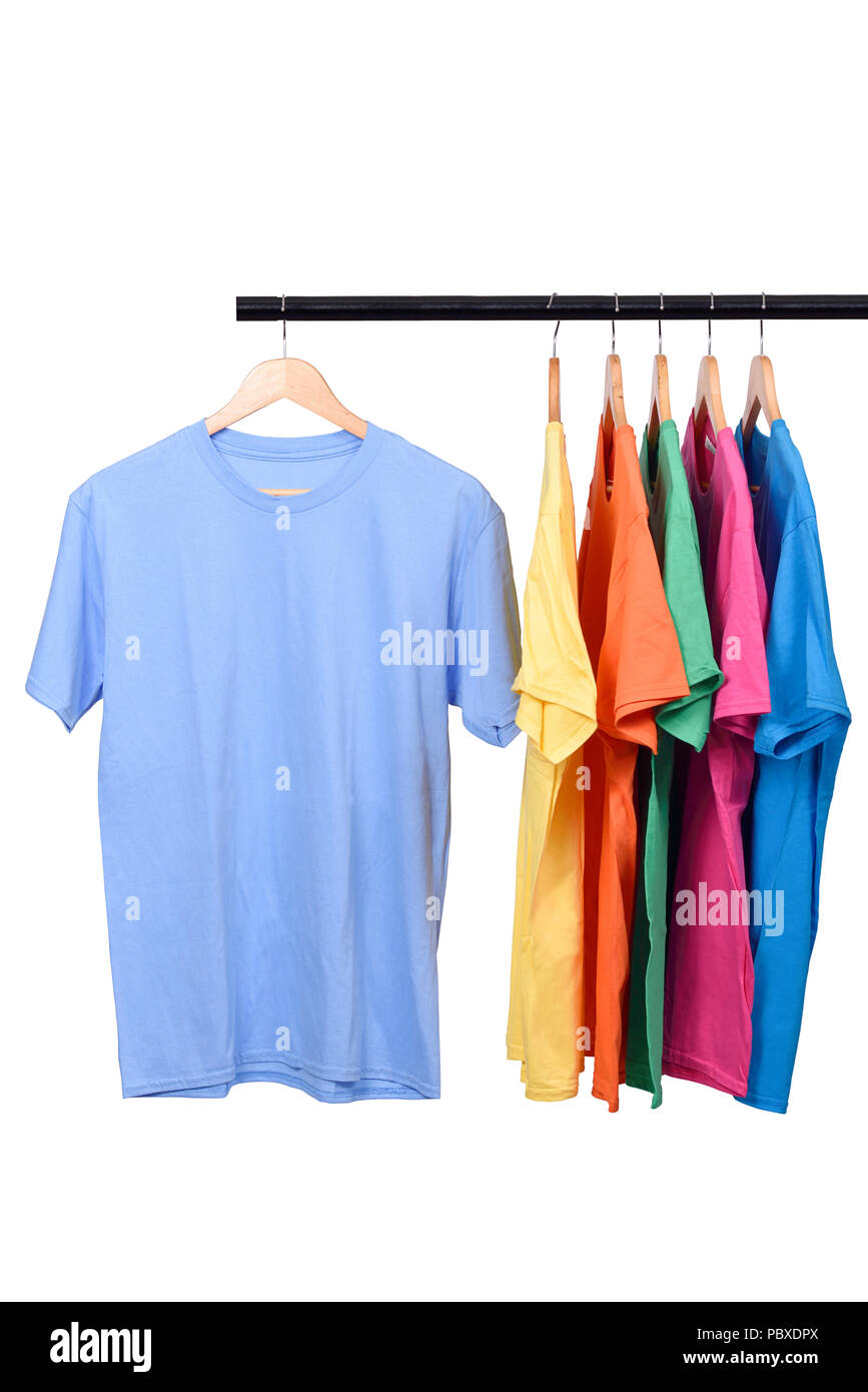 Colorful t-shirt on hangers isolated over white background Stock Photo