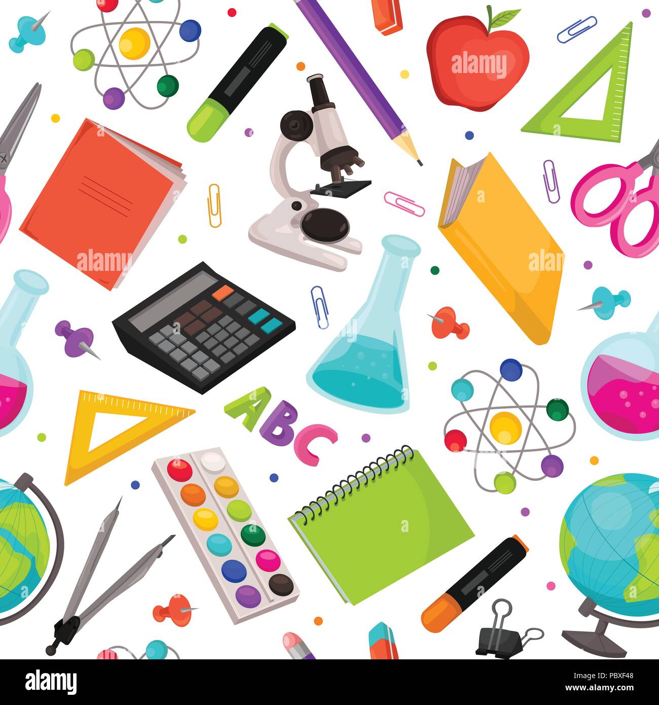 School doodle background. Vector seamless pattern from school elements hand drawn on white background. Back to school backdrop in sketch style. Stock Vector