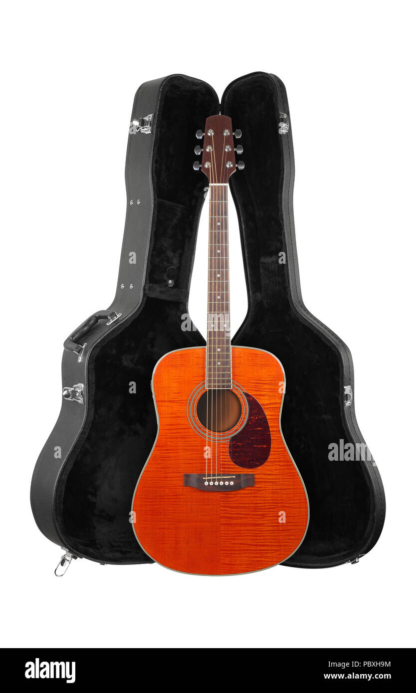 Musical instrument - Front view orange western acoustic guitar in hard case isolated on a white background. Stock Photo