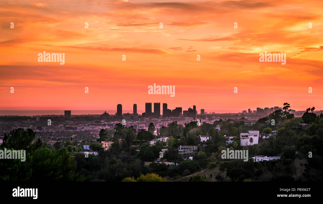 Los Angeles skyline at sunset looking towards Santa Monica, LA, California, CA, USA Stock Photo