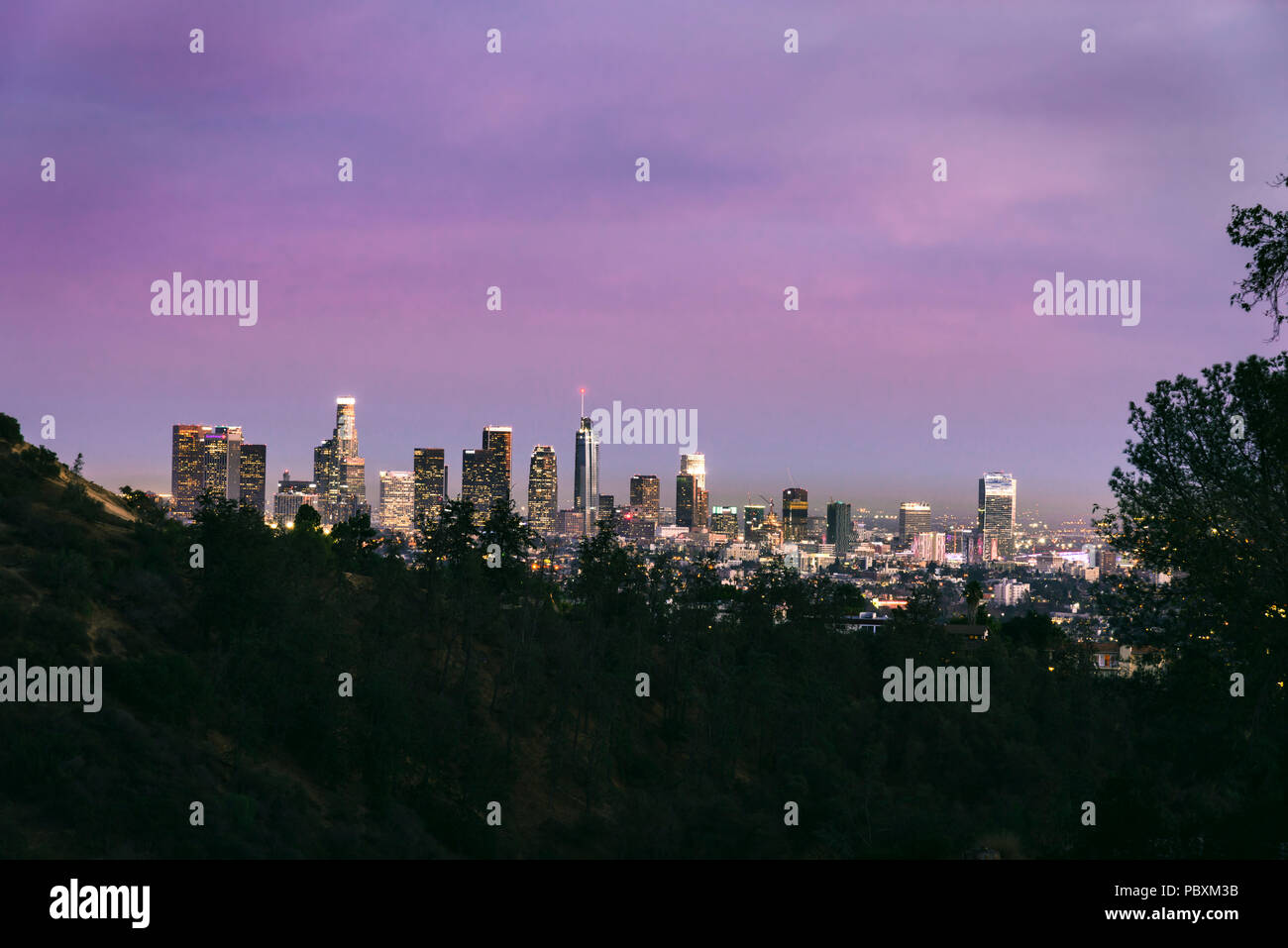LA Skyline, cityscape of Los Angeles, California, CA, USA at night ...