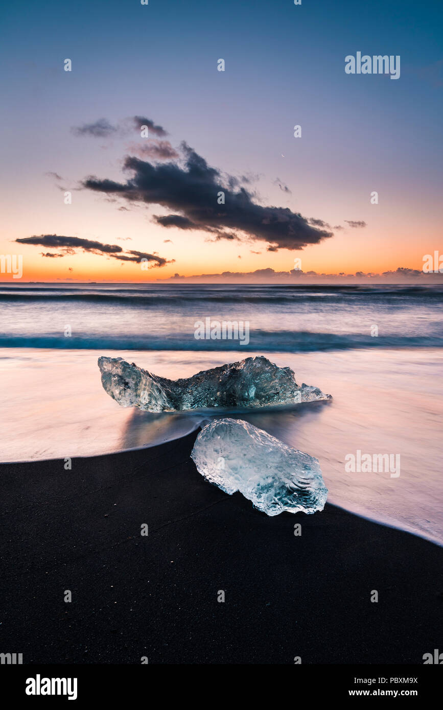 Jokulsarlon black sand ice beach and lagoon, Iceland, Europe Stock Photo