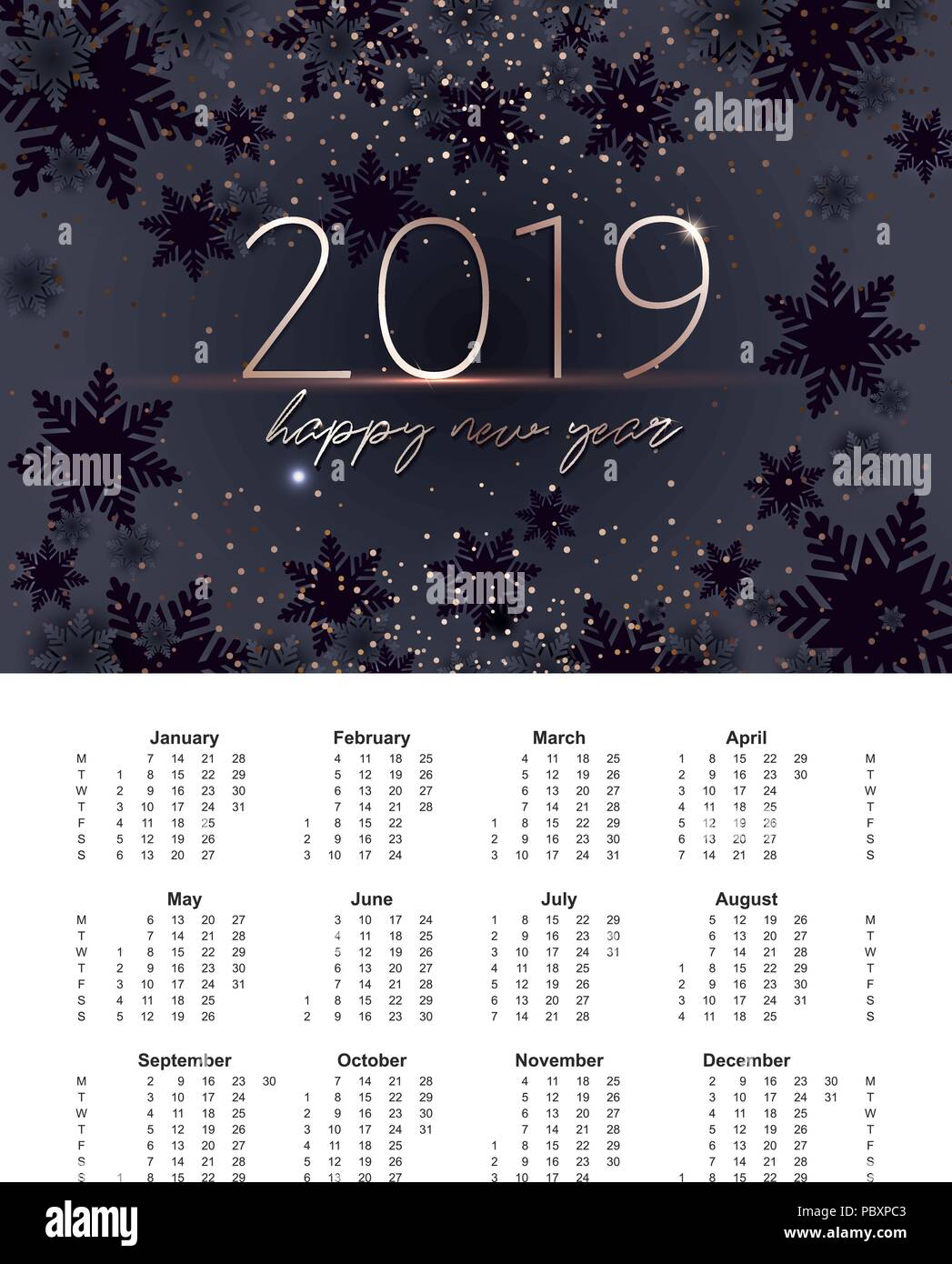 New Years of 2019 calendar with grid. A6 size. Stock Vector