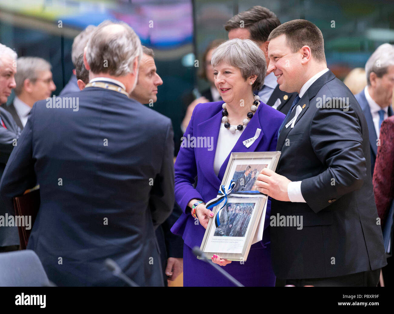 Belgium, Brussels on 2018/03/22: Summit of EU Heads of States. British Prime Minister Theresa May and Juri Ratas, Prime Minister of Estonia Stock Photo