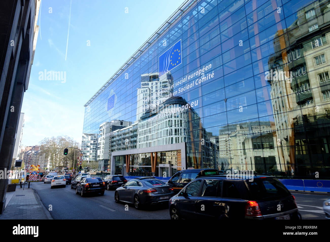 Belgium, Brussels: glass facade of the Jacques Delors building, European Economic and Social Committee Headquarters (EESC), located at 99 Rue Belliard Stock Photo