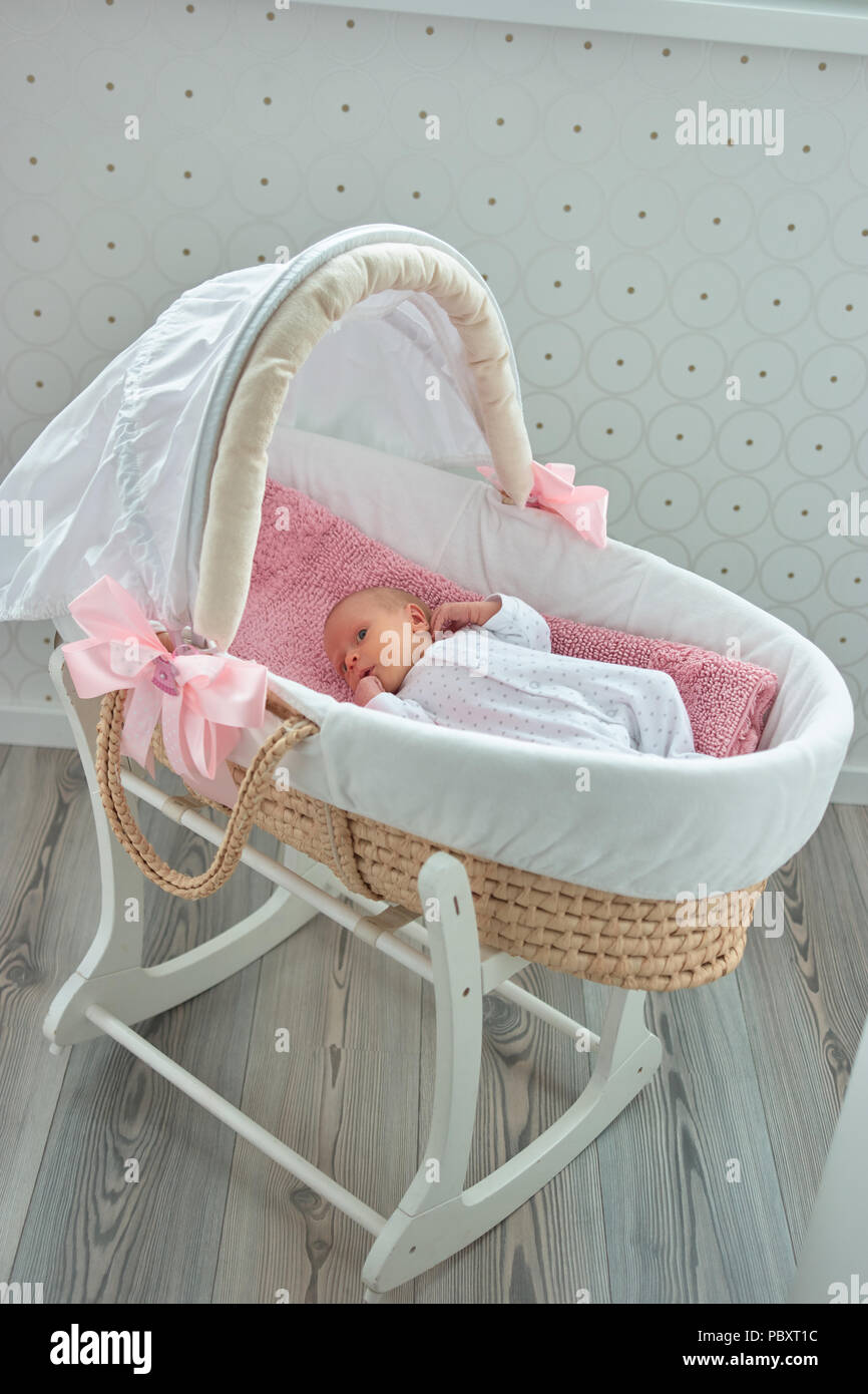 Newborn little baby in moses basket. Baby in lullaby bed indoor Stock Photo  - Alamy