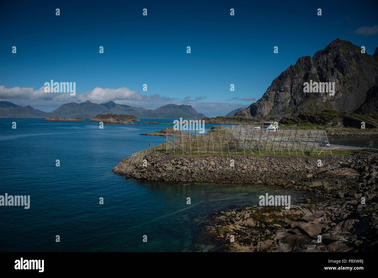 The view from the road to Henningsvær, Lofoten Islands, Norway. Stock Photo