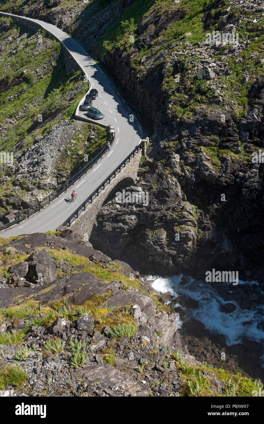 Aerial view of a female cyclist on the descent of the famous Trollstigen pass, Norway Stock Photo