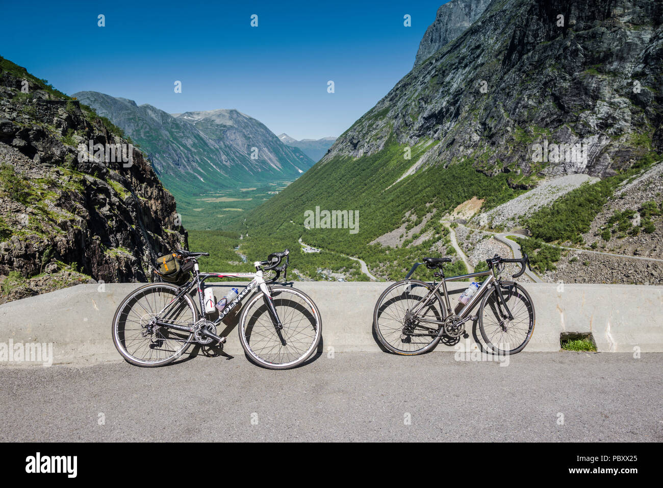 two bikes parked on a bend on the trollstigen pass, norway Stock Photo