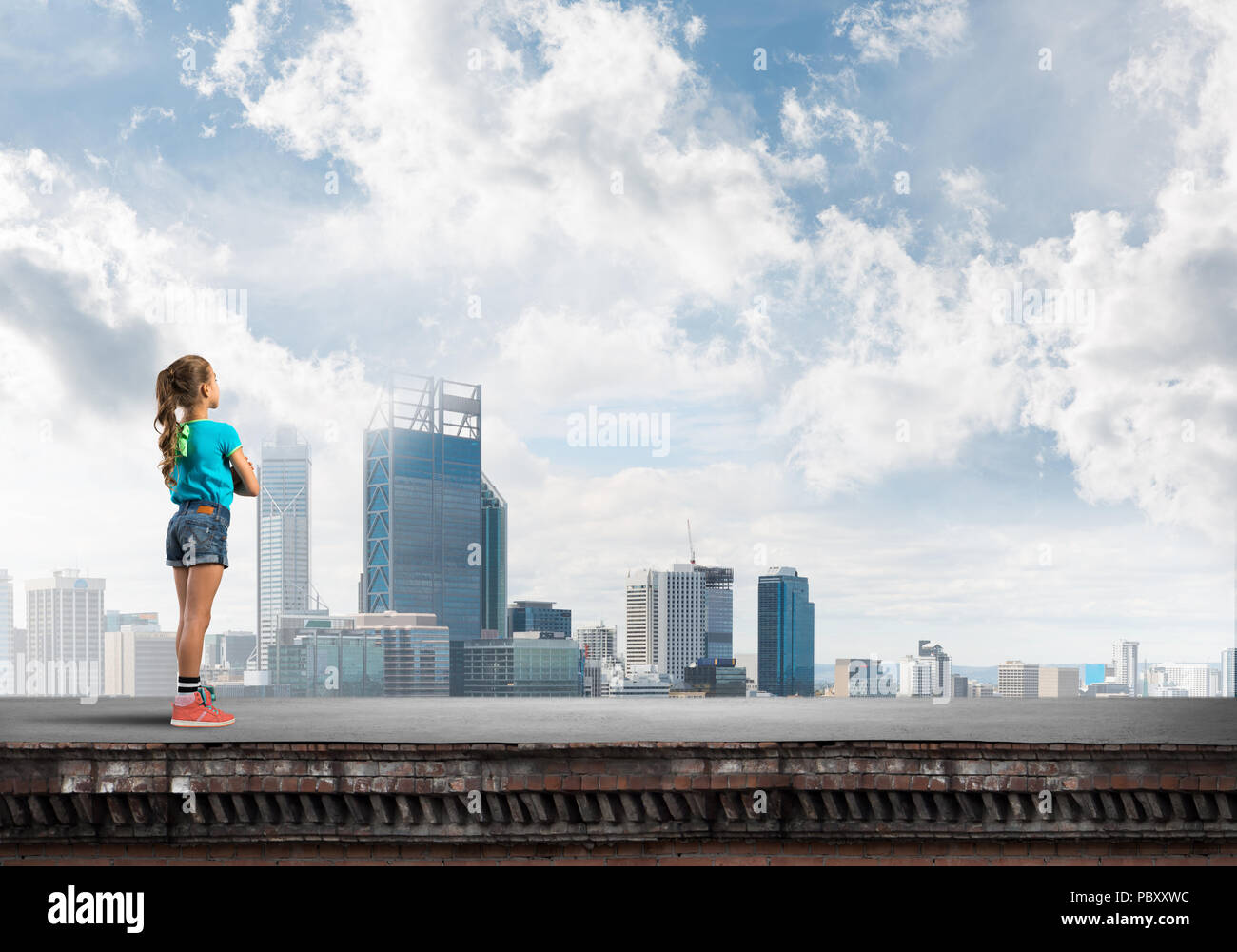 Concept of careless happy childhood with girl looking far away Stock ...