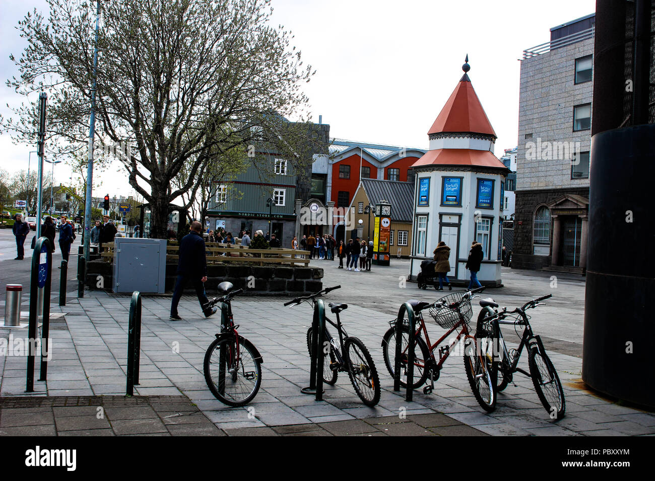 Reykjavik Iceland, May 13 2018: Bikes neaty lined up in a shoppi Stock Photo