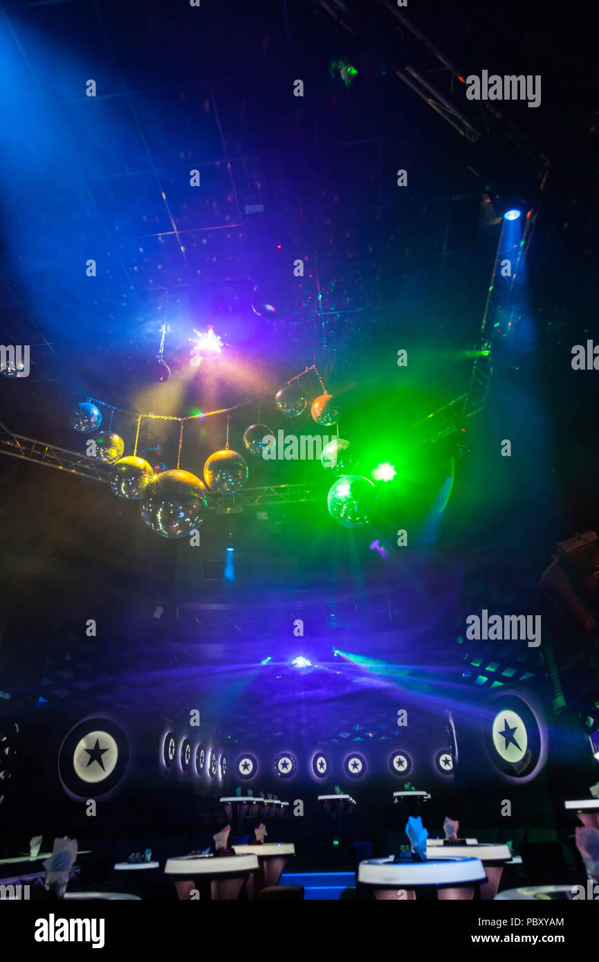 Disco light show, Stage lights with laser Stock Photo Alamy