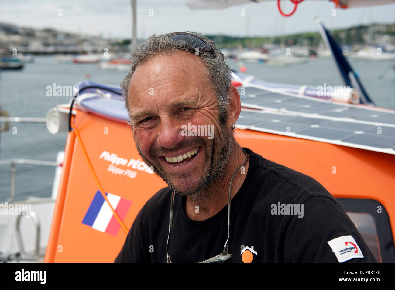 Philippe Péché, skipper of the yacht PRB in the 2018 Golden Globe singlehanded round-the-world race. Photo taken in Falmouth, UK, in June 2018. Stock Photo