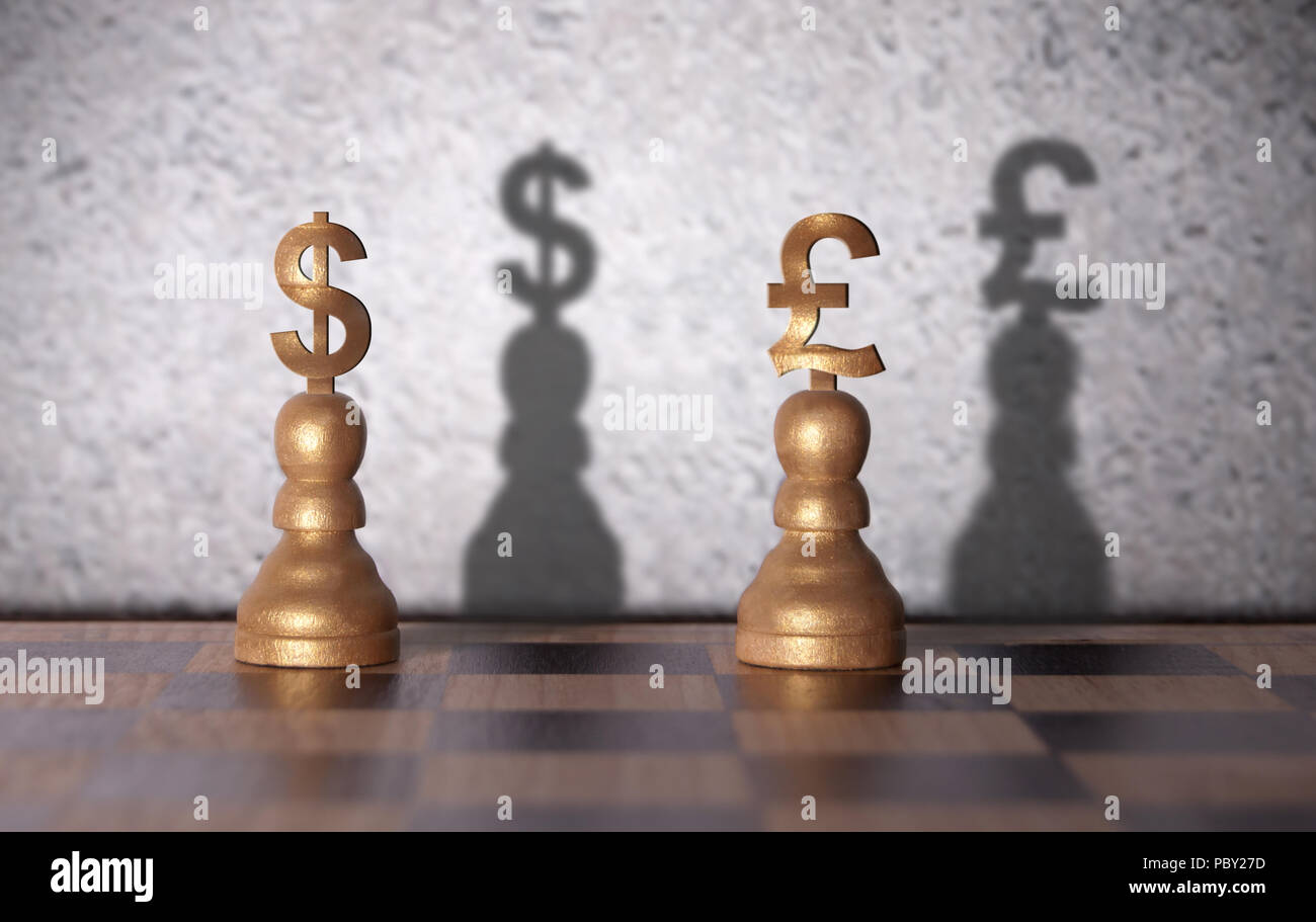 Dollar and pound shadow emerging from currency chess pawns Stock Photo