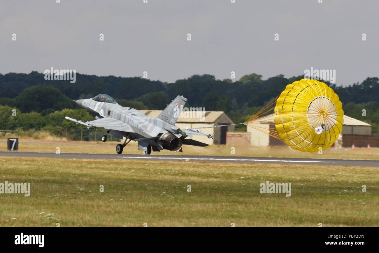 Polish Air Force - Tiger Demo Team F-16C Block 52 Fighting Falcon deploying its drogue parachute at the 2018 Royal International Air Tattoo Stock Photo