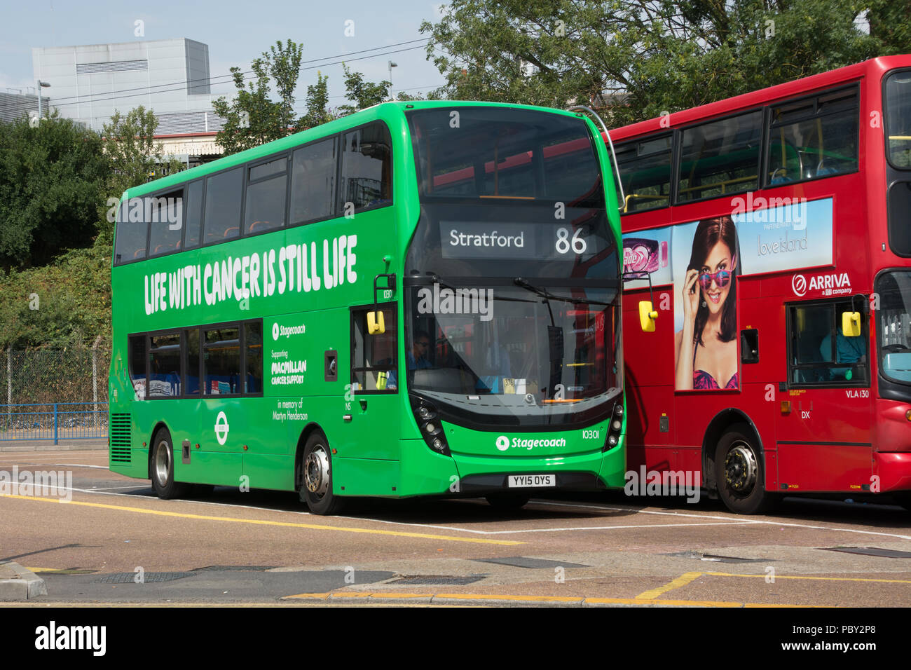 A Stagecoach London Alexander Dennis Enviro 500(MMC) has been painted green in order to promote the Macmillan charity. Stock Photo