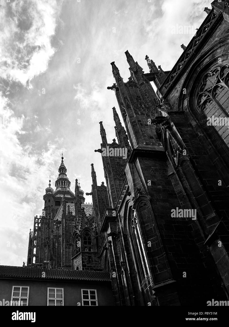 St. Vitus Cathedral in Prague Castle, travel black and white photo. Stock Photo