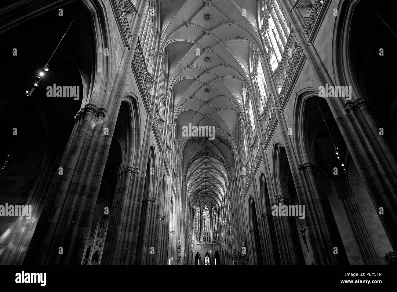 Black and white photo of the beautiful interior of the St Vitus Cathedral in Prague. Stock Photo