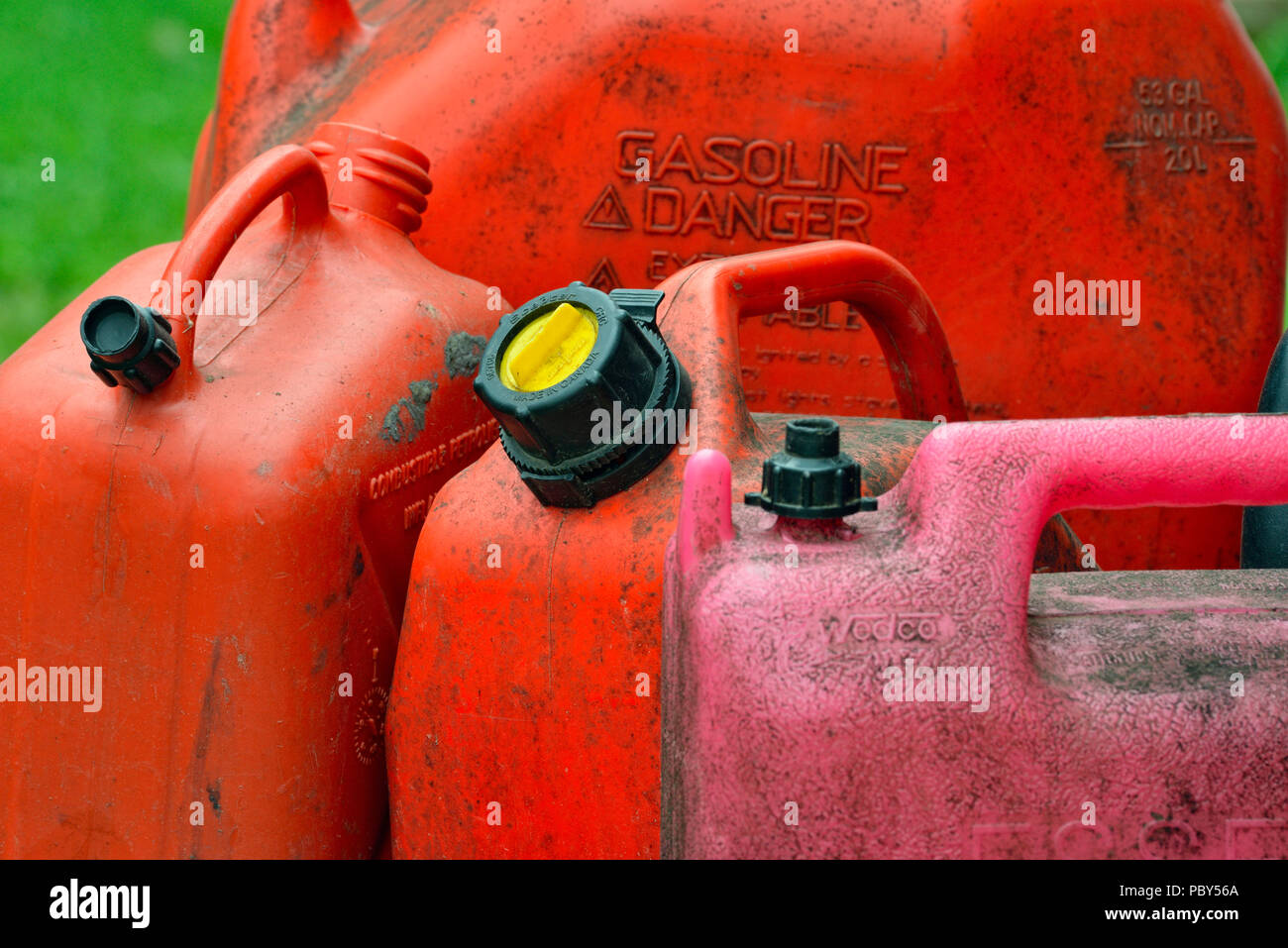 Gasoline containers, Greater Sudbury (Wanup), Ontario, Canada Stock