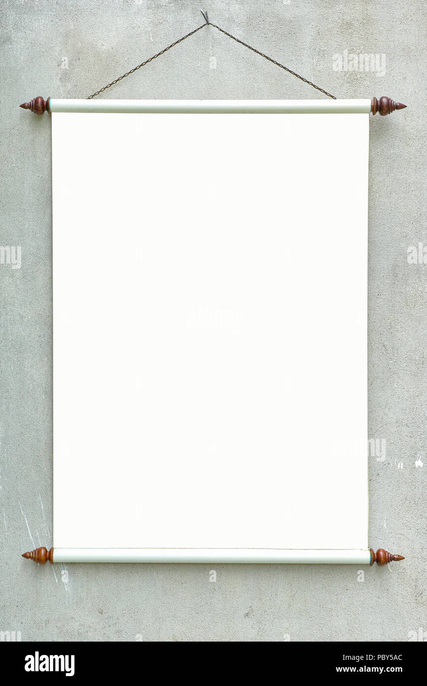 Blank retro roll up poster banner hanging on wall for mockup Stock Photo -  Alamy