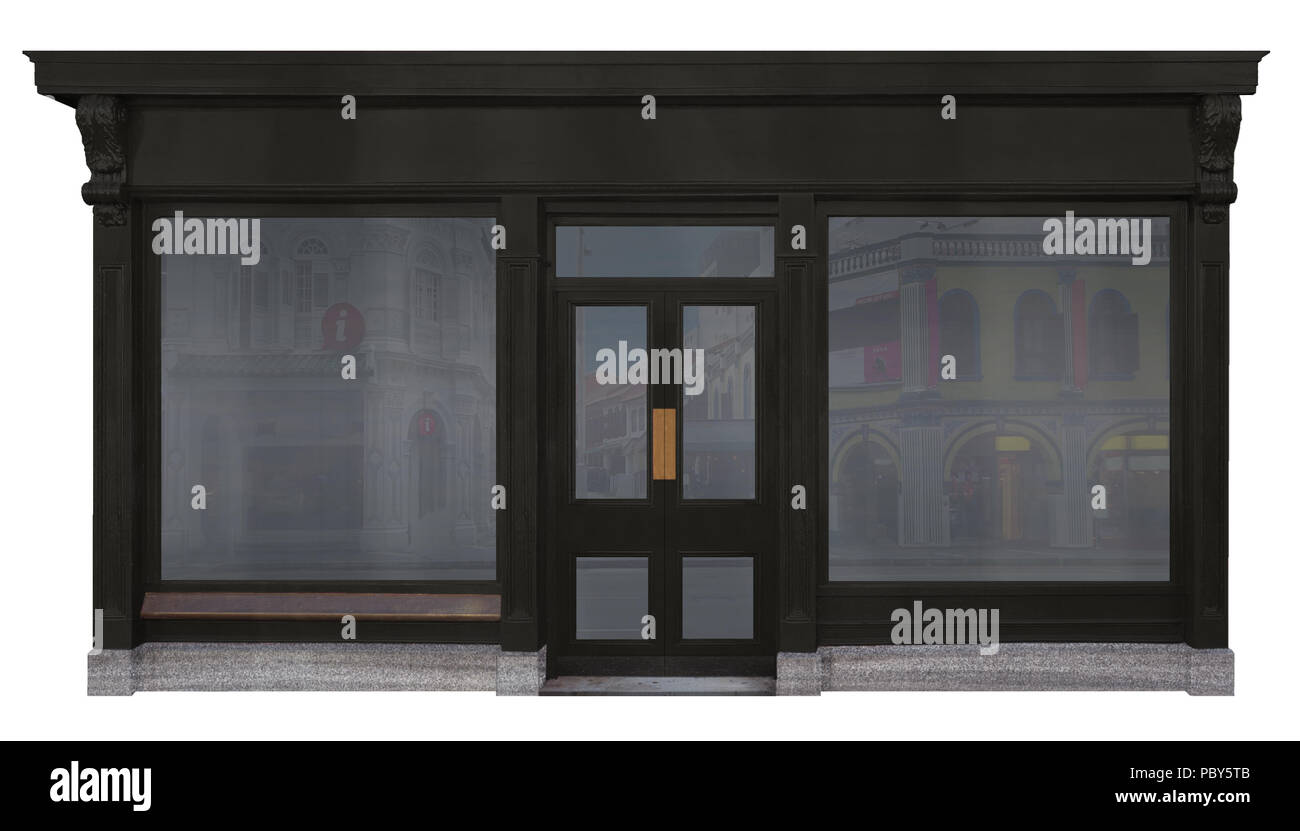 Storefront with black wood framed two shop windows and a door in the middle cut out on white background Stock Photo