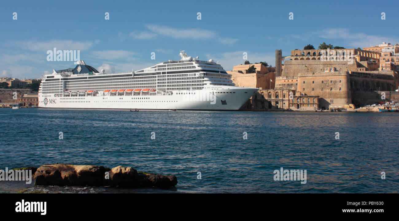 The MSC Cruises cruise ship MSC Orchestra moored by the walls of