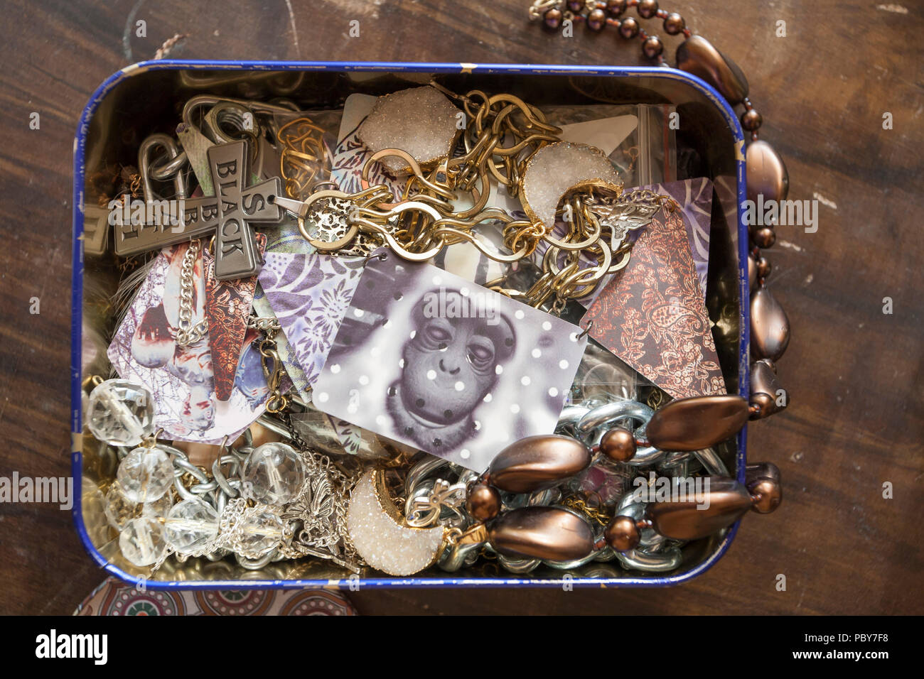 Jewelry box filled with original cool jewelry Stock Photo