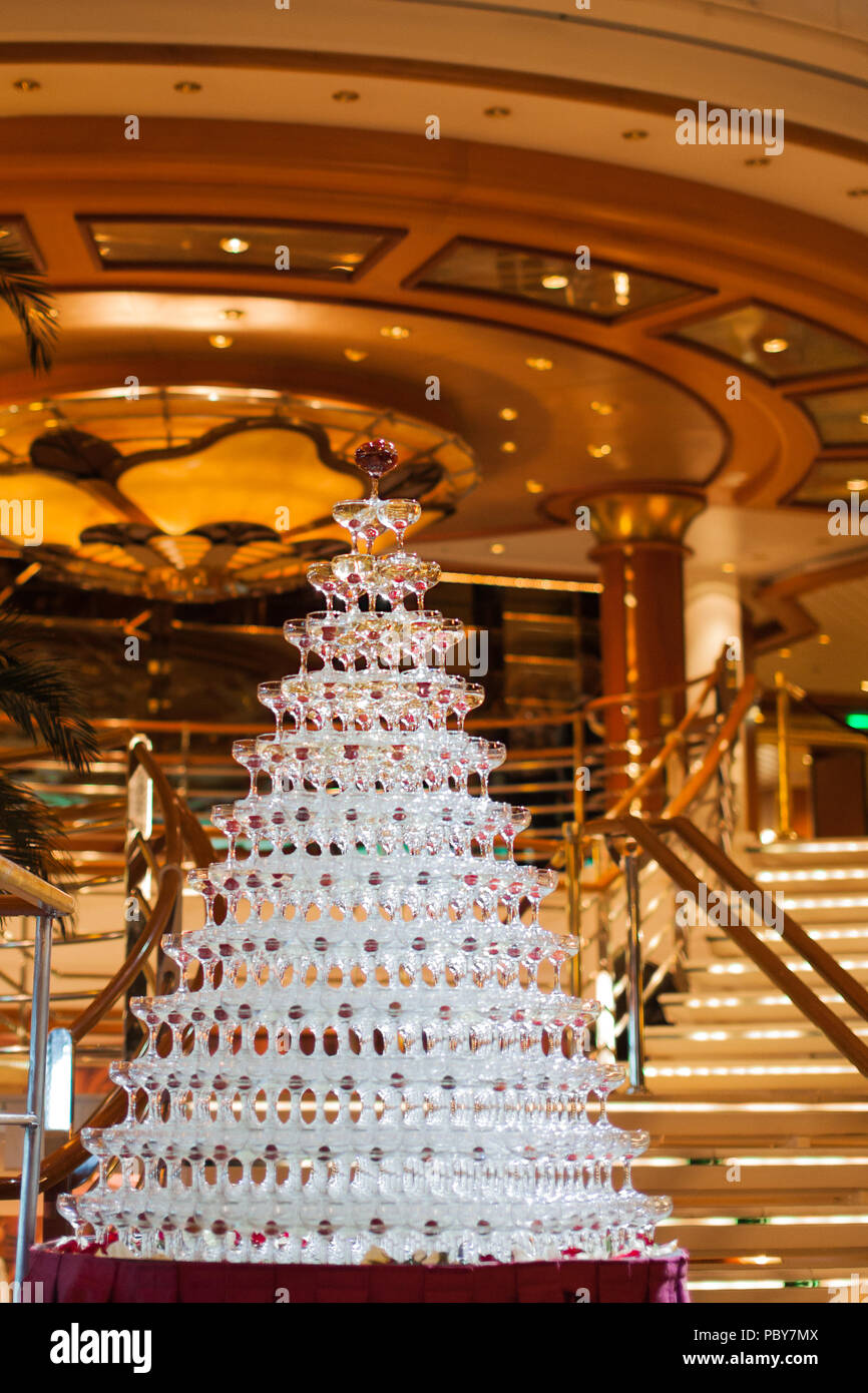 Stacked Champagne Glasses on a Table for a Grand Celebration in a