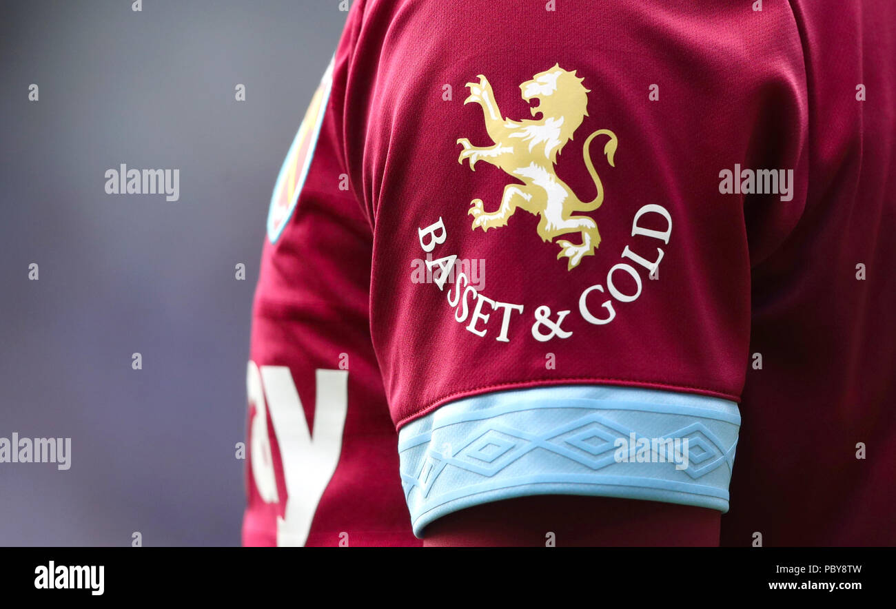 A detailed view of the Altrincham shirt sponsor Football Against News  Photo - Getty Images