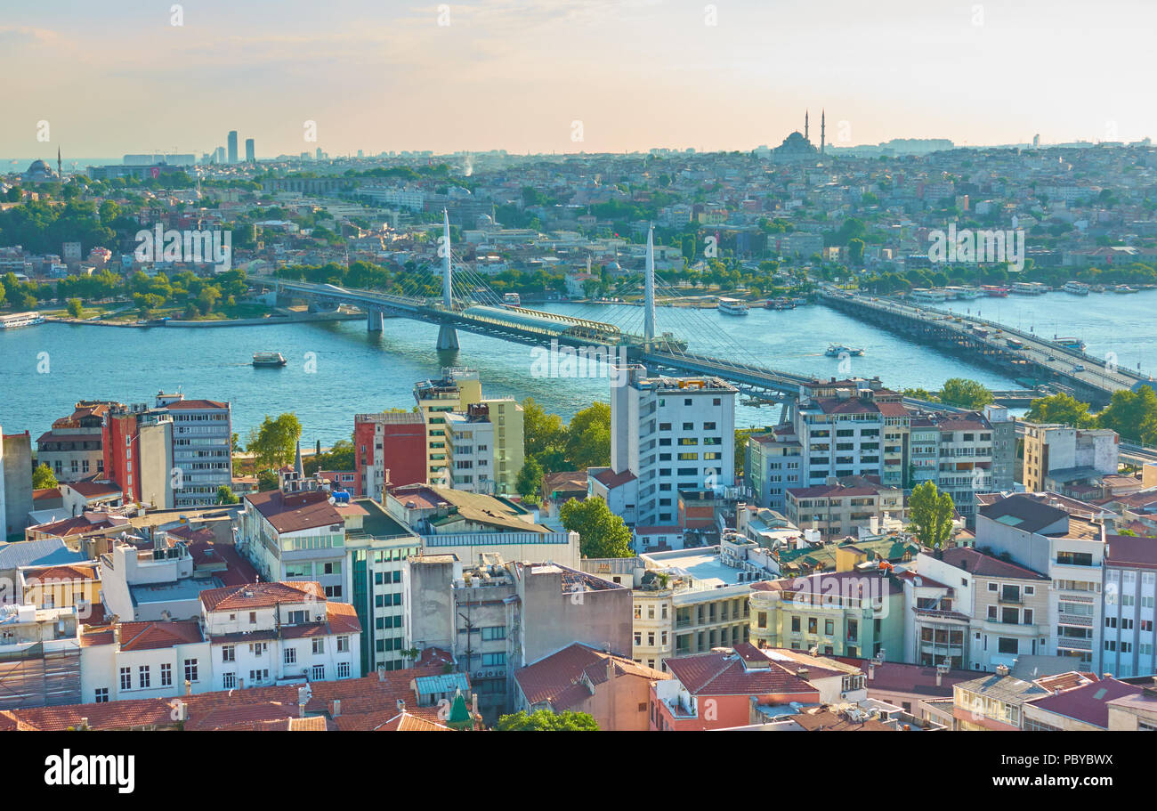 Panoramic view of Istanbul with the Golden Horn Metro Bridge, Turkey Stock Photo