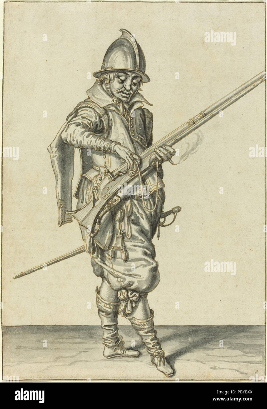 Jacques de Gheyn II (Dutch, 1565 - 1629 ), Elegantly Dressed Soldier Preparing to Fire His Caliver, c. 1597, pen and brown ink with gray wash on laid paper, Gift of The Ahmanson Foundation 183 Elegantly Dressed Soldier Tamping His Caliver Stock Photo