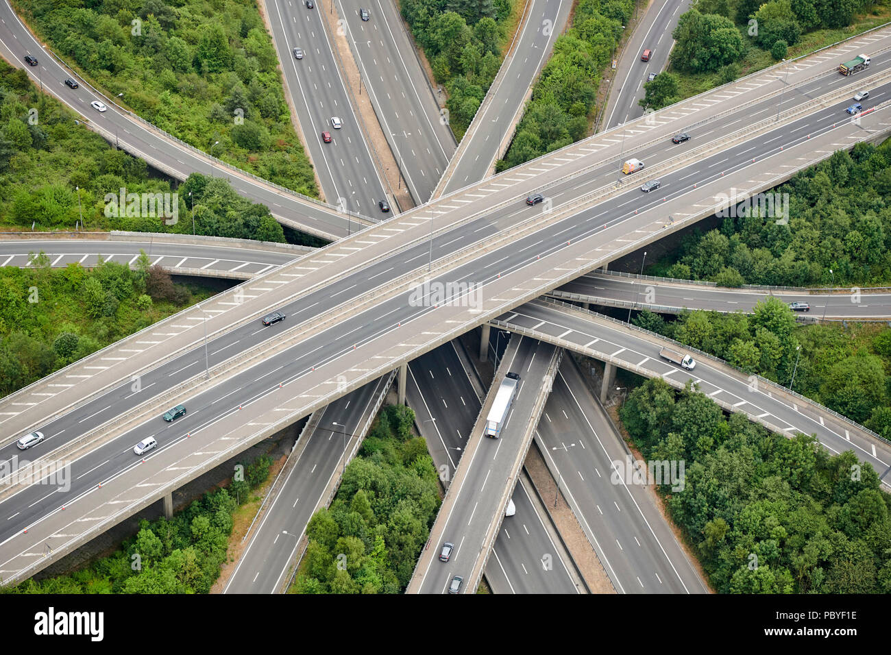 An aerial overhead view of the M23/M25  motorway Junction, South East England, UK Stock Photo