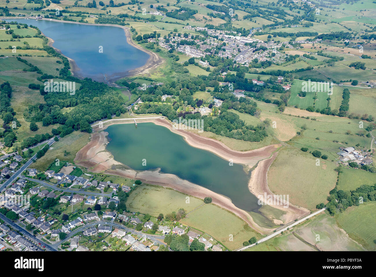 Reservoir near Colne, Lancashire, depleted in the hot summer of 2018, North West England, UK Stock Photo