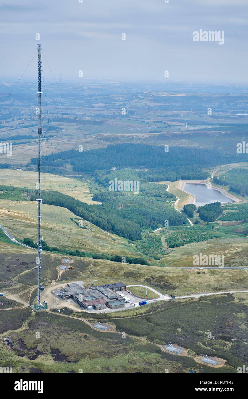 Holme Moss radio Transmitter, West Yorkshire, shot from the air looking over toward Holmfirth, Northern England, UK Stock Photo