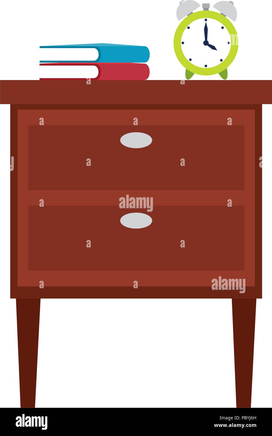 wooden drawer with books and alarm Stock Vector
