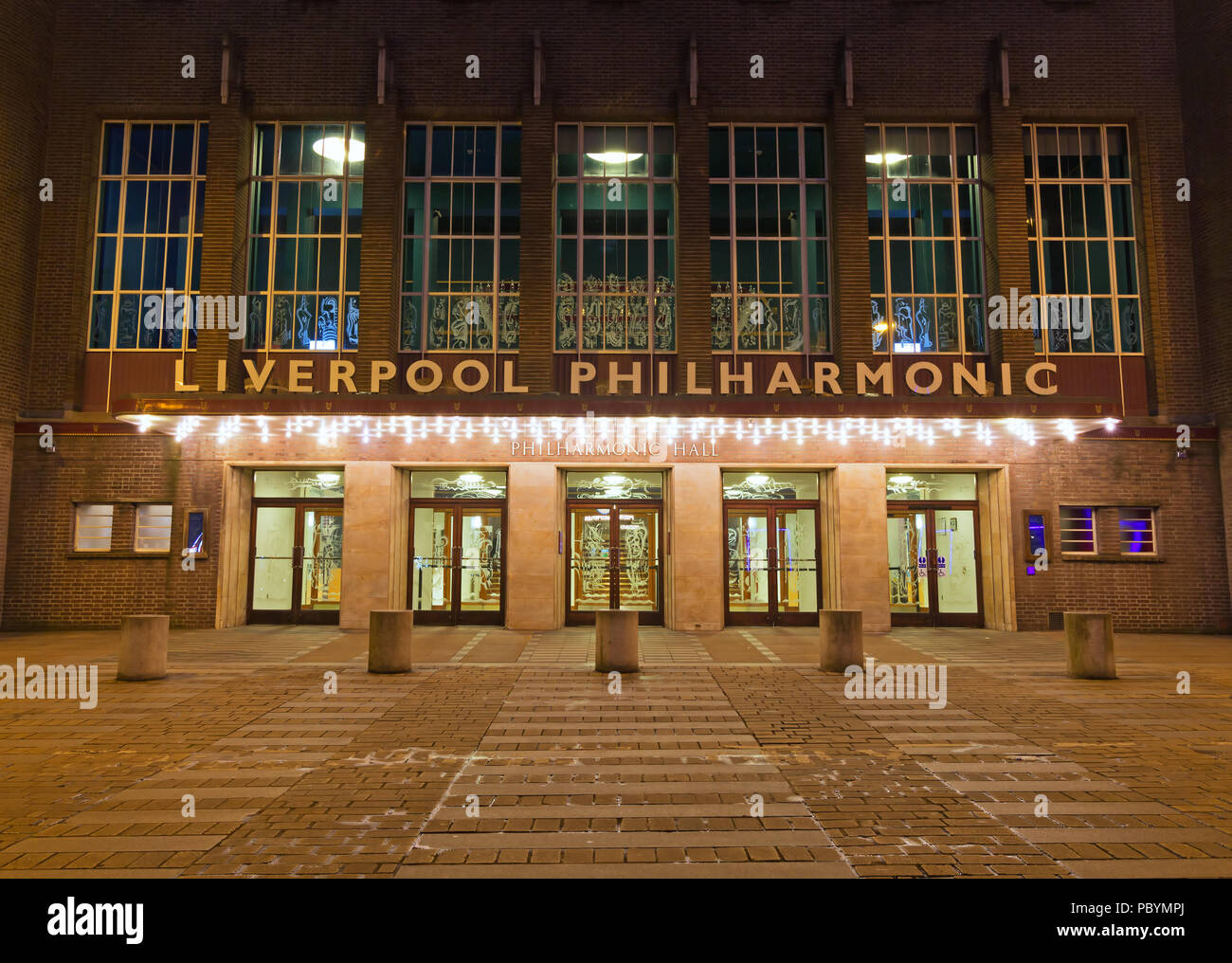 Liverpool Philharmonic Hall on Hope St  lit up at dusk. Stock Photo