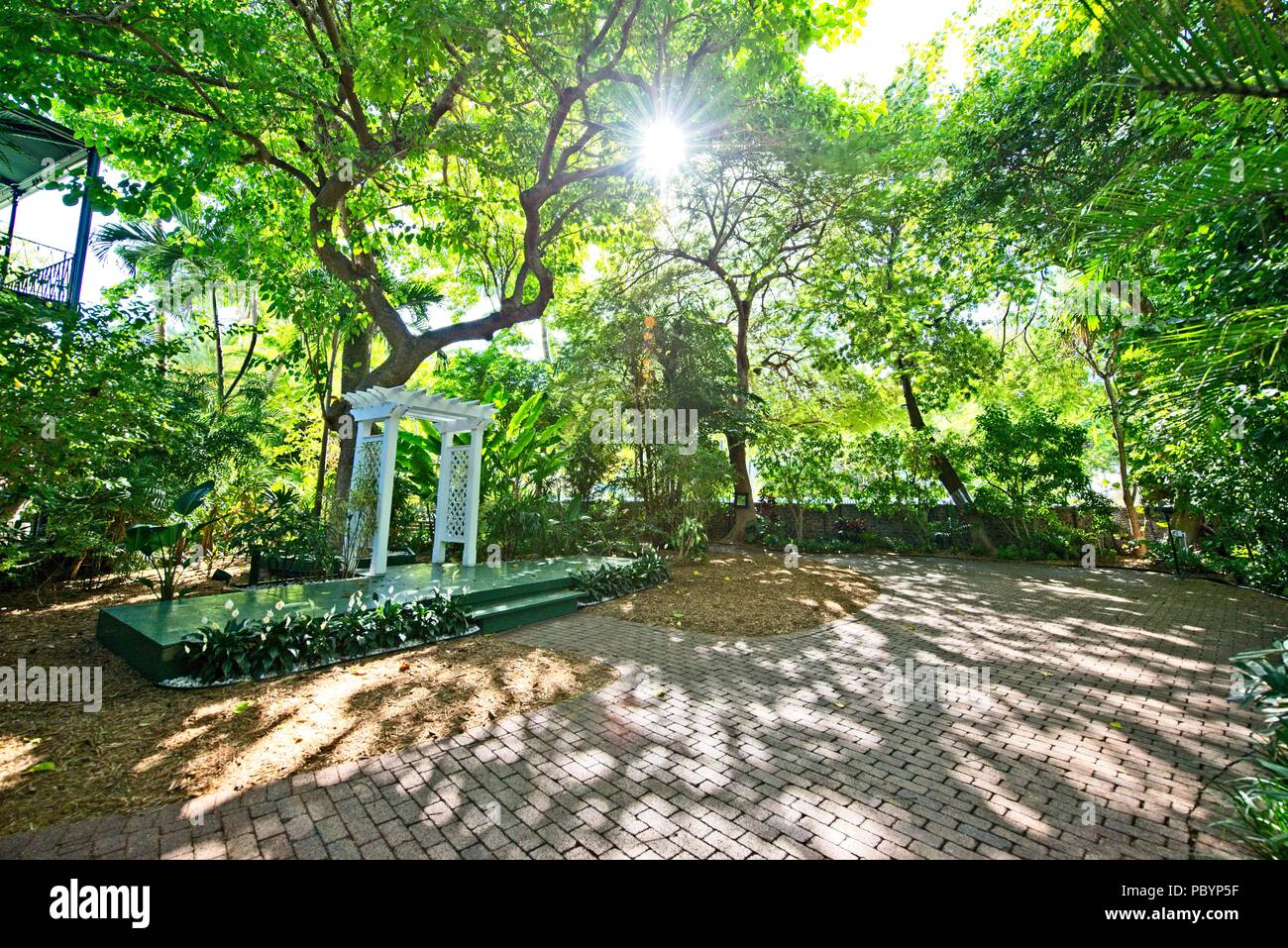 A bricked paved path that leads to a lush green garden area covered with green trees filled with sunshine Stock Photo