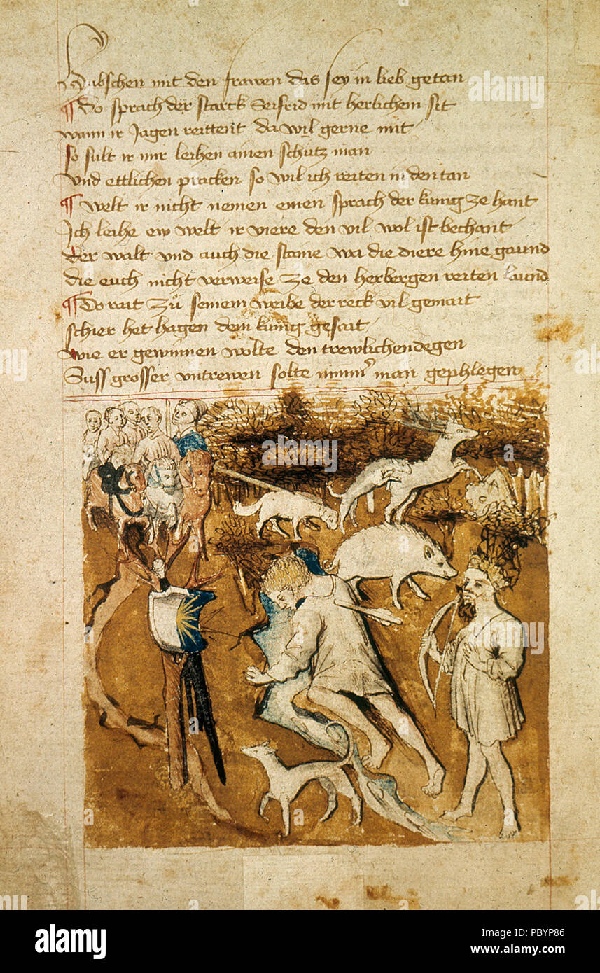 557 Siegfrieds Tod rechts neben Siegfried steht sein Moerder Hagen mit dem Bogen Hundeshagenscher Kodex Stock Photo