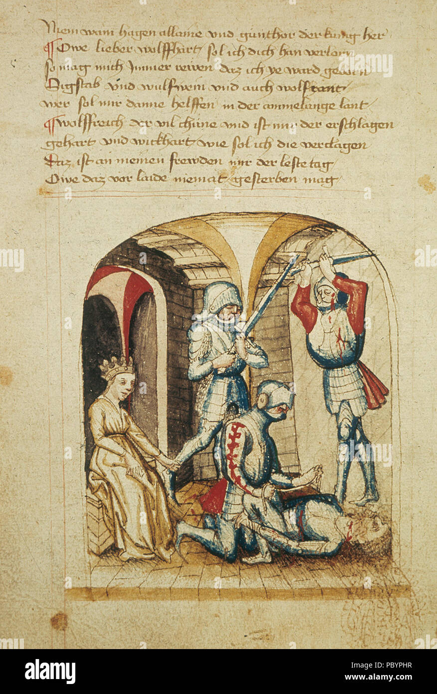 163 Dietrich von Bern ueberwaeltigt Hagen Kriemhild betrachtet die Szene Hundeshagenscher Kodex Stock Photo