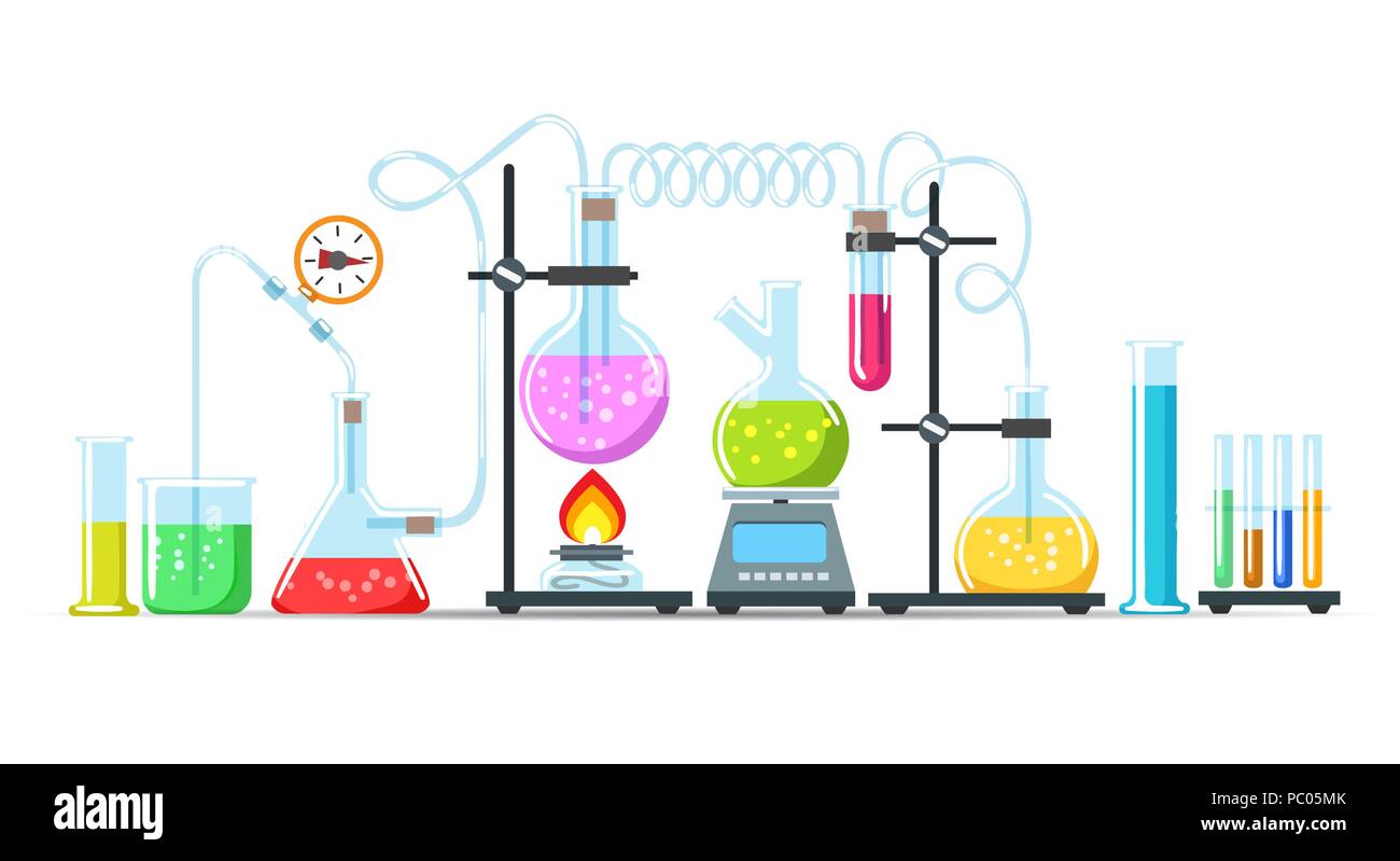 Chemistry lab equipment. Flasks, beakers and burner science instruments