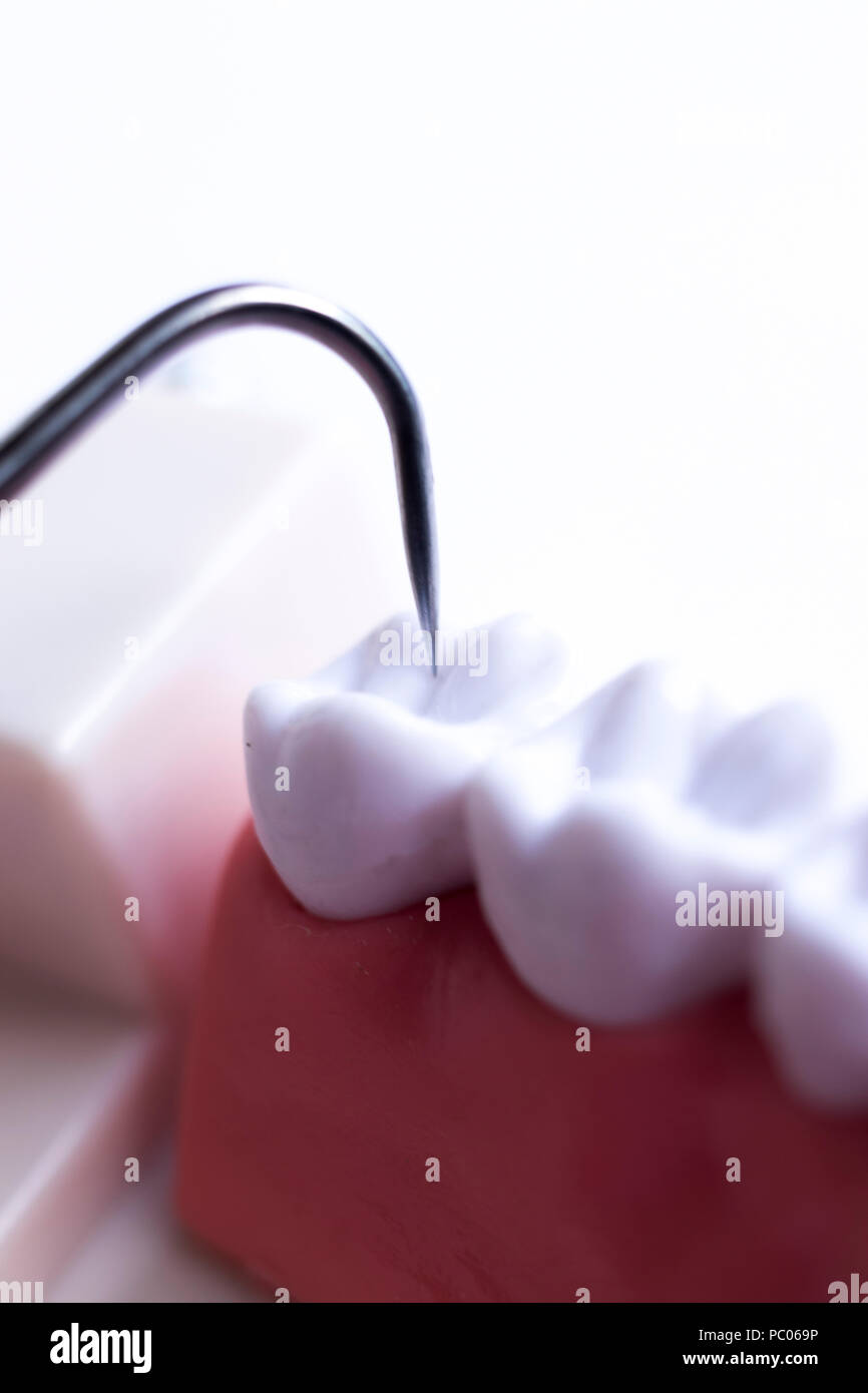 Dentist cleaning teeth with titanium metal tooth pick instrument to