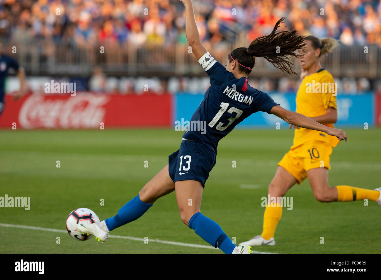 East Hartford, United States. 29th July, 2018. Alex Morgan (13) of USA kicks ball during Tournament of Nations game against Australia at Pratt & Whitney stadium Game ended in draw 1 - 1 Credit: Lev Radin/Pacific Press/Alamy Live News Stock Photo
