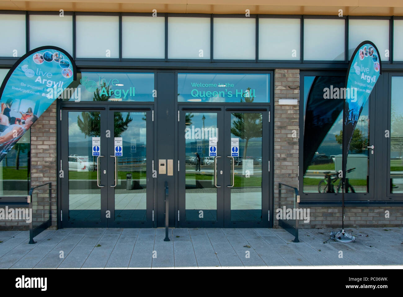 The Newly Refurbished Queens Hall Leisure & Entertainment Complex Dunoon Scotland exterior view of the main entrance doors to £12 million pound refurb Stock Photo