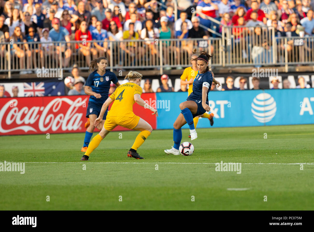 East Hartford, United States. 29th July, 2018. Alex Morgan (13) of USA controls ball during Tournament of Nations game against Australia at Pratt & Whitney stadium Game ended in draw 1 - 1 Credit: Lev Radin/Pacific Press/Alamy Live News Stock Photo