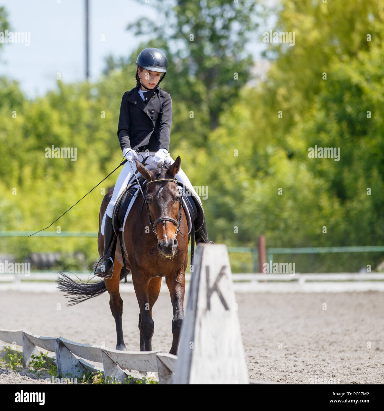 Teenage girl riding horse performing dressage test Stock Photo Alamy